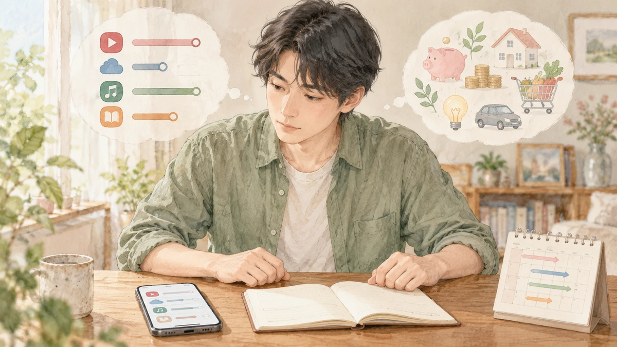 スマートフォンとカレンダー、ノートを前に利用期間や予算を考える日本人男性
