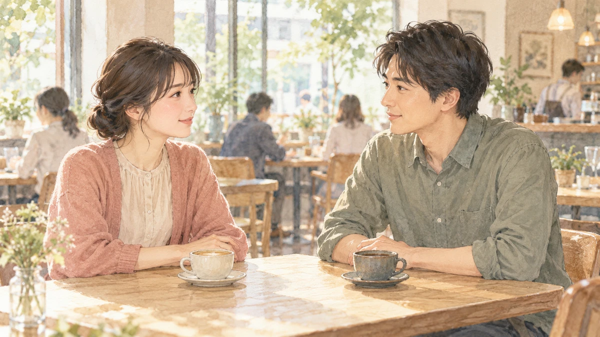 人目のあるカフェで、適度な距離を保って話を聞く日本人の二人