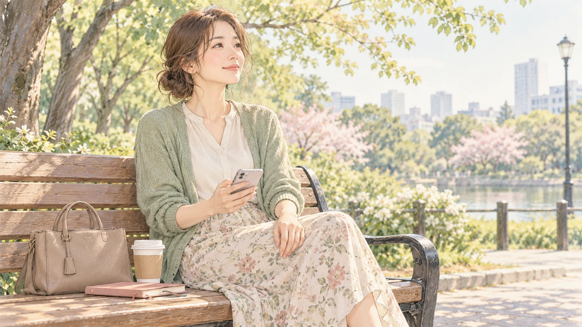 公園のベンチでスマートフォンを片手に、自分の時間を過ごす日本人女性