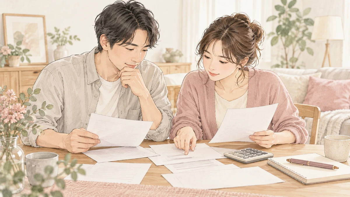 テーブルに書類とノートを並べ、一緒に確認する二人