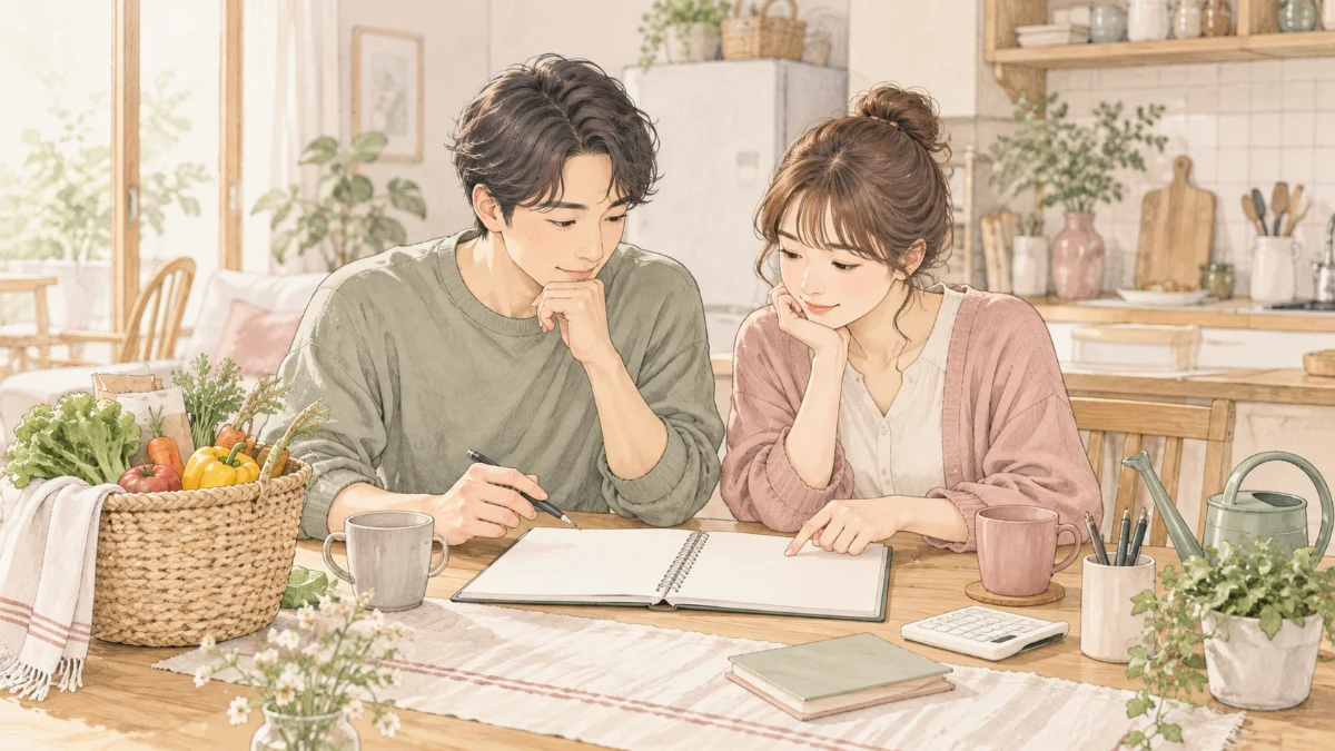 電卓とノートを使い、二人で家計を確認する場面