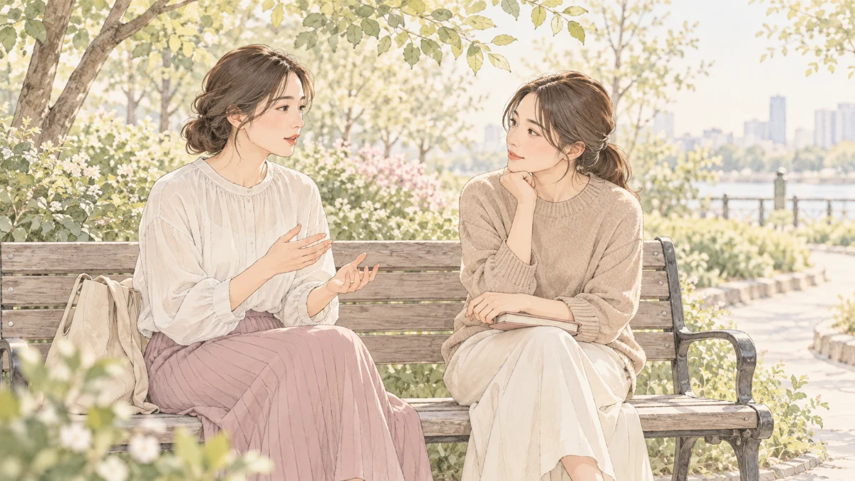 公園のベンチで、落ち着いて話をする二人の大人