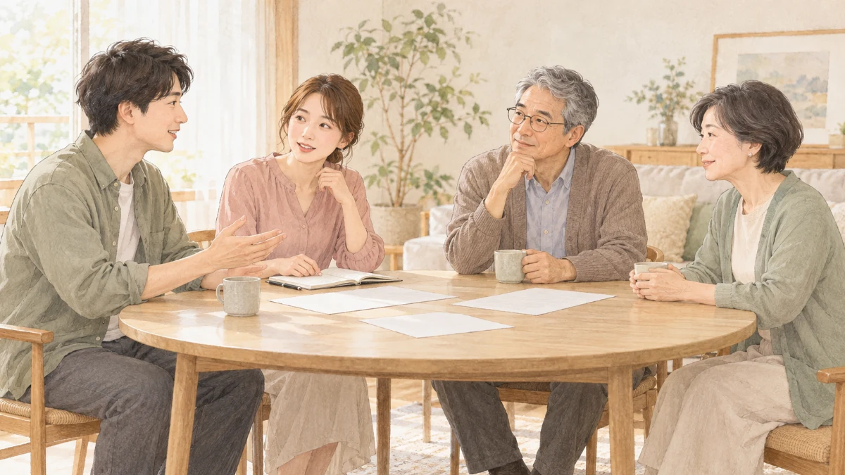 ノートや資料を広げ、若い二人と親世代の二人が同じテーブルで話す場面