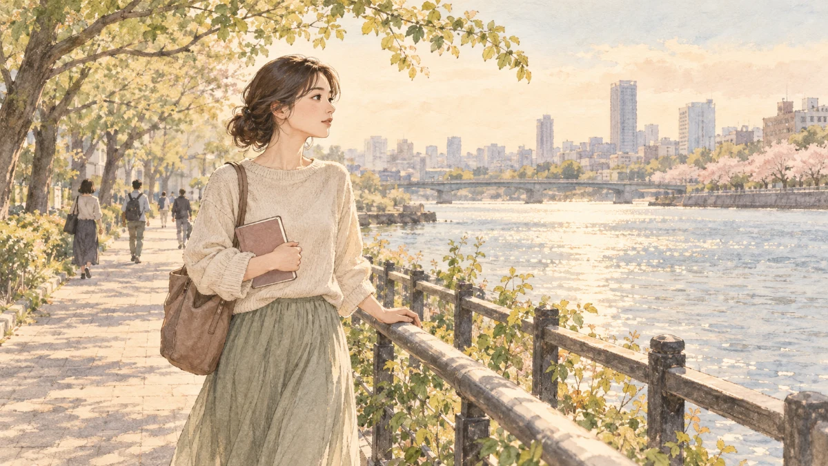 ノートを持ち、木々のある川沿いの道で立ち止まる女性