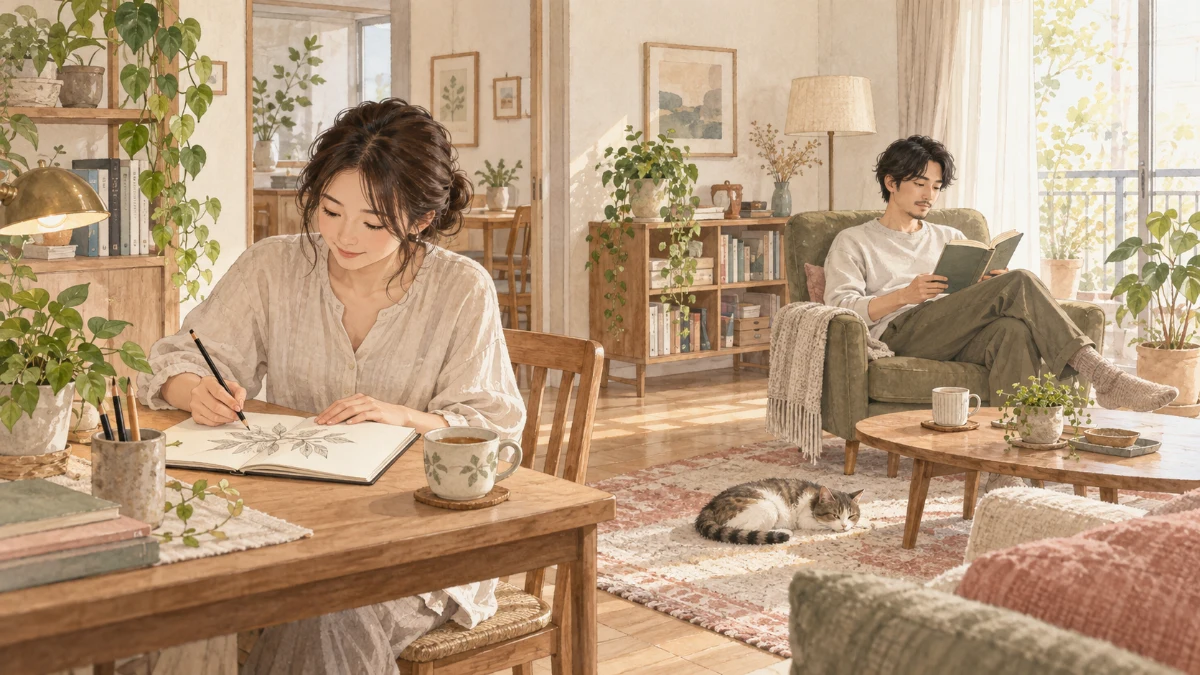 同じ居間で、一人は植物を描き、もう一人は読書をして、それぞれの時間を過ごす二人