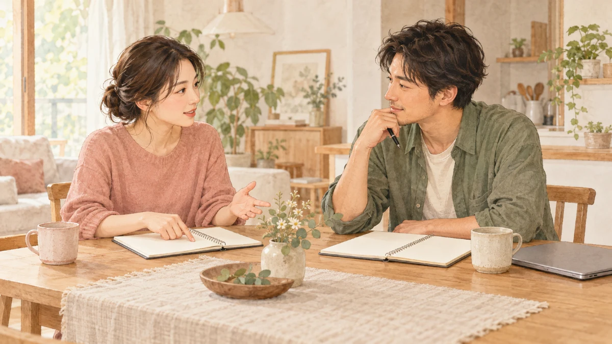 ノートと仕事用のパソコンを置いたテーブルで、互いの予定を話す二人