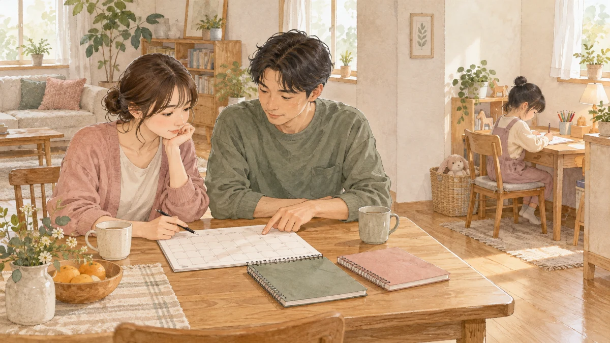 暮らしの予定を相談する大人二人と、離れた机で絵を描く子ども