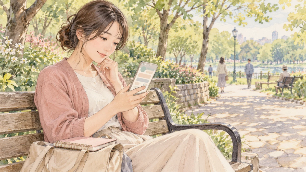 公園のベンチでスマートフォンを確かめ、手元にノートを置く人