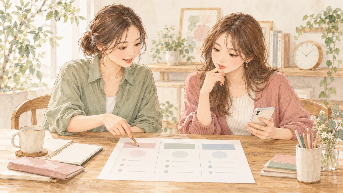 比較表とスマートフォンを前に、自分が重視する条件を相談する二人