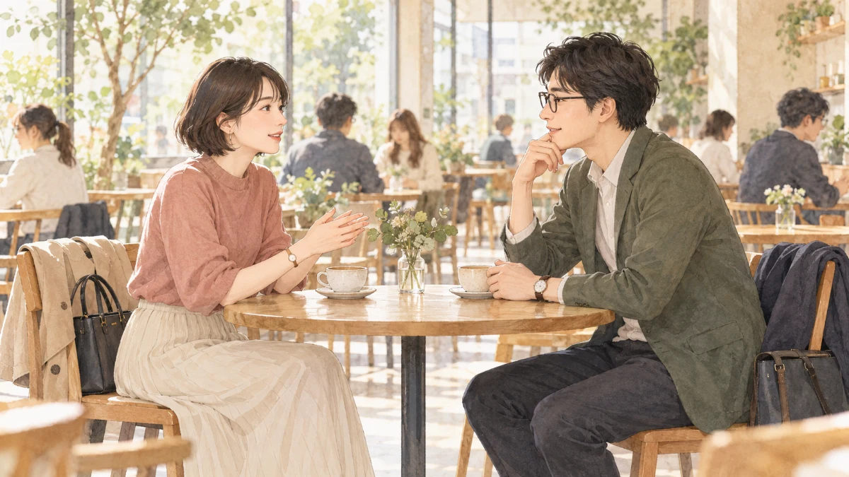 昼間の開けたカフェで、適度な距離を保って話す二人