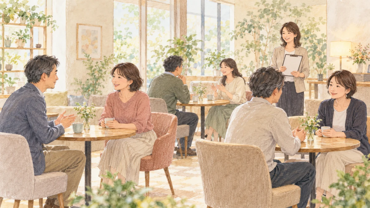 少人数のテーブルで会話する参加者と、進行を案内するスタッフの架空場面