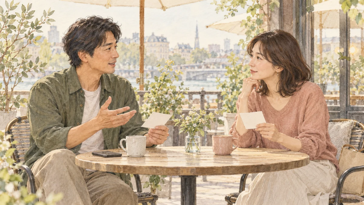 カフェでカードを手に、生活の希望を対等に話す二人
