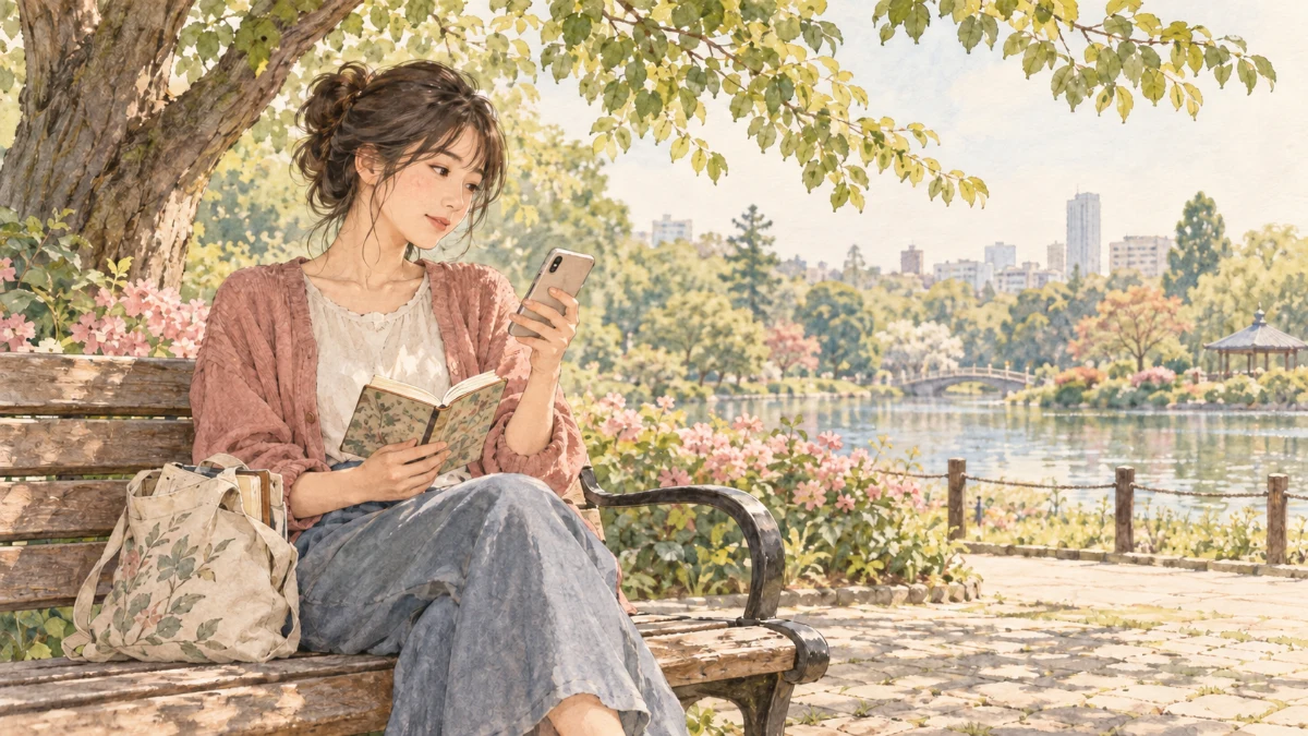 公園のベンチで、ノートとスマートフォンを見ながら考えを整理する人