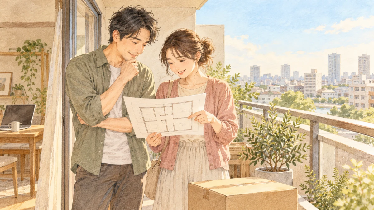 二人が住まいの図面を見ながら、引っ越し後の生活を考える場面