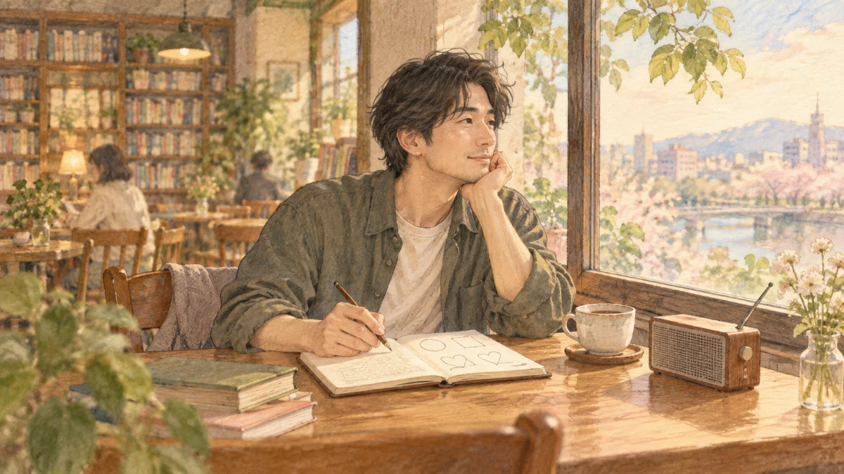 ラジオをそばに置き、カフェで自分の希望をノートに整理する人