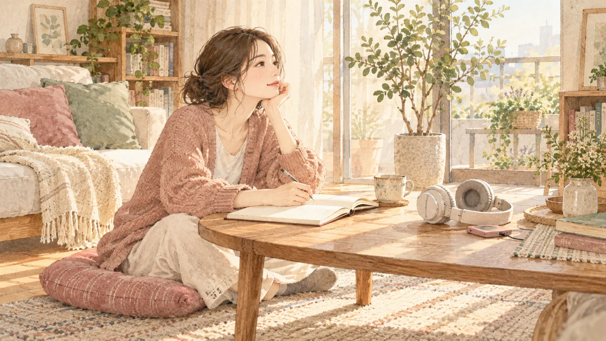 ヘッドホンをそばに置き、自宅で自分の希望をノートに書き留める女性