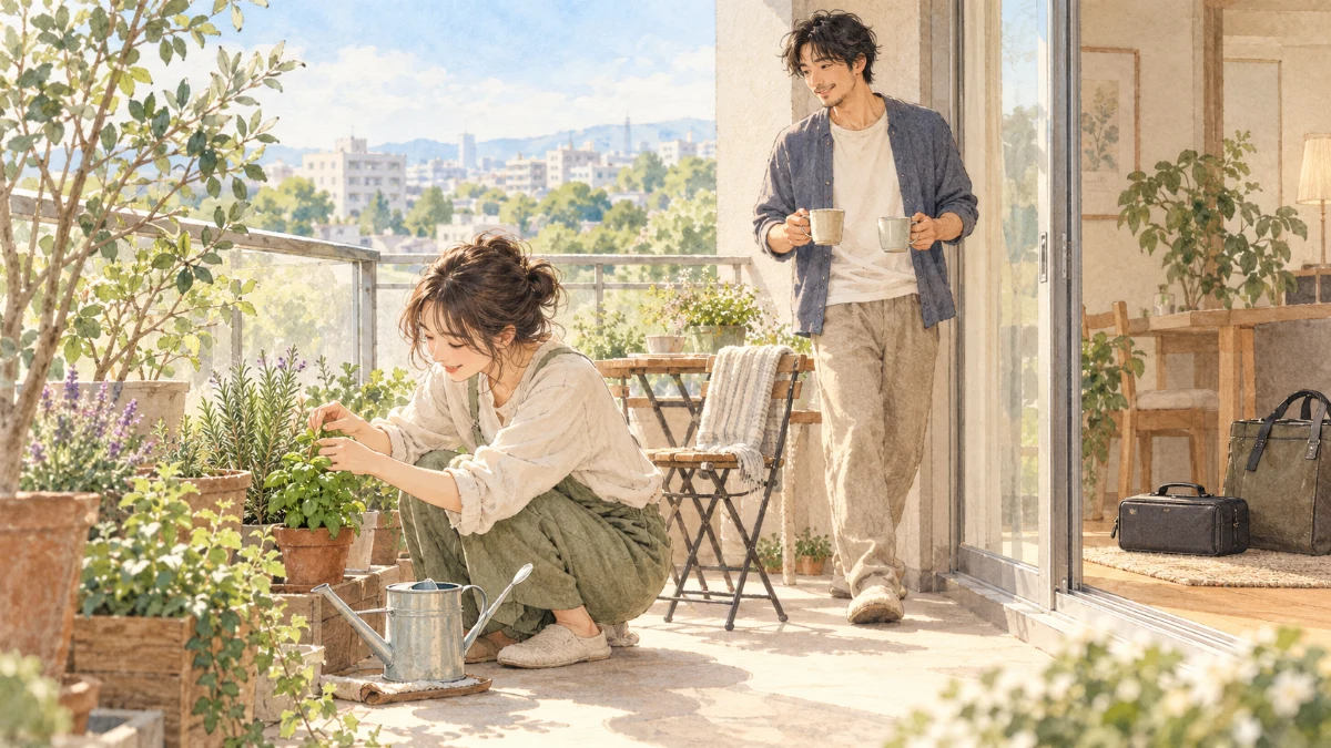 平日の朝、ベランダで植物の手入れをする人と飲み物を運ぶ人