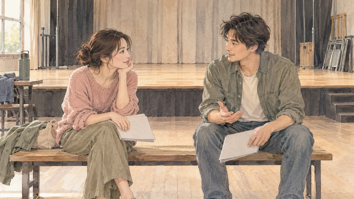演劇の練習場所で台本を手に、向き合って話す二人