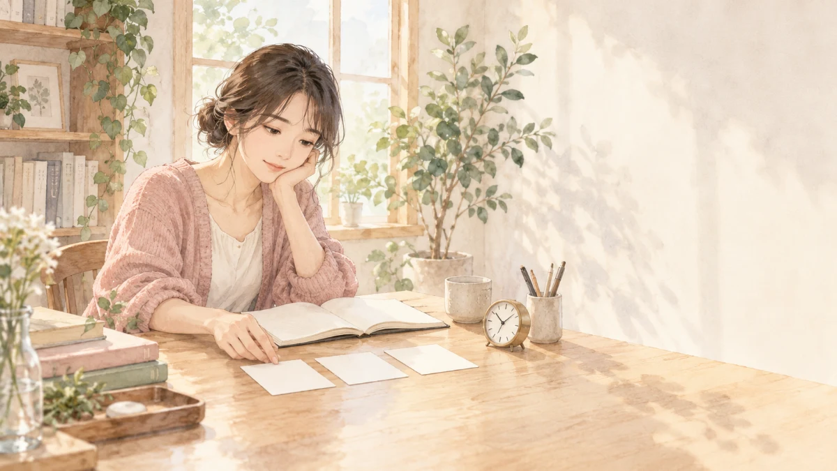 ノートと白いカードを並べ、自分の希望を整理する女性