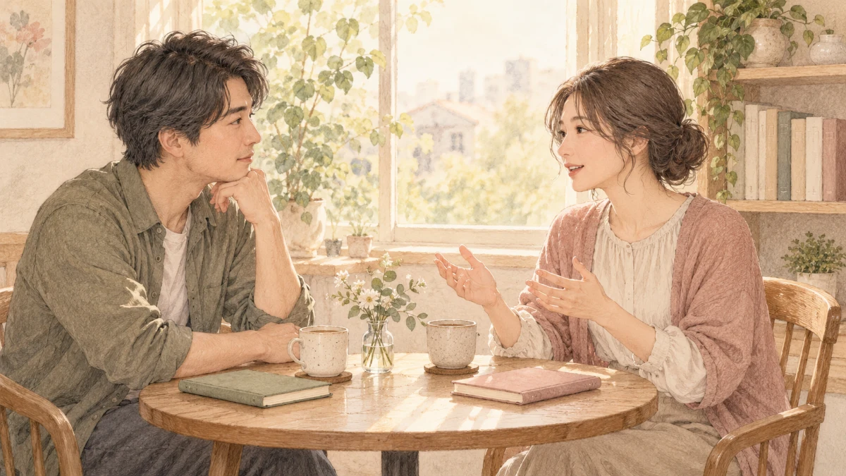 静かなカフェで、それぞれのノートを前に向き合って話す二人
