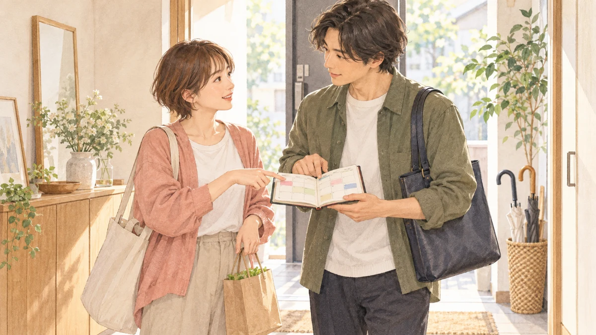 玄関で仕事用のバッグを持ち予定を相談する二人
