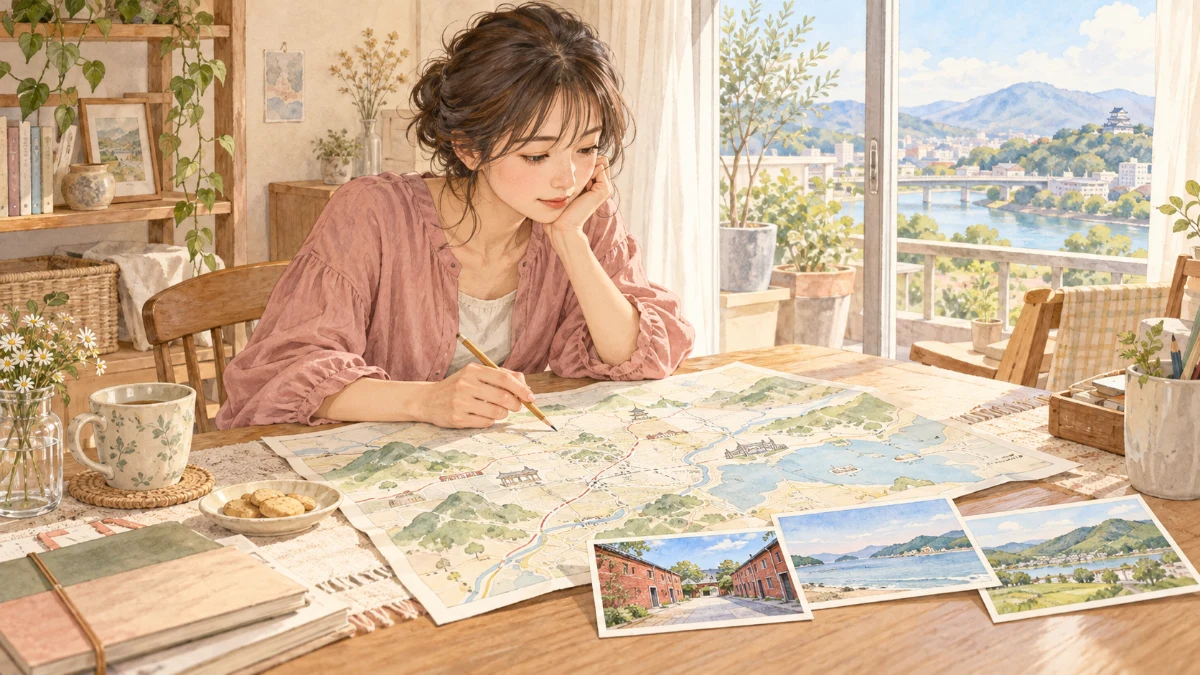 地図と外出先の絵はがきを広げて経路を考える女性
