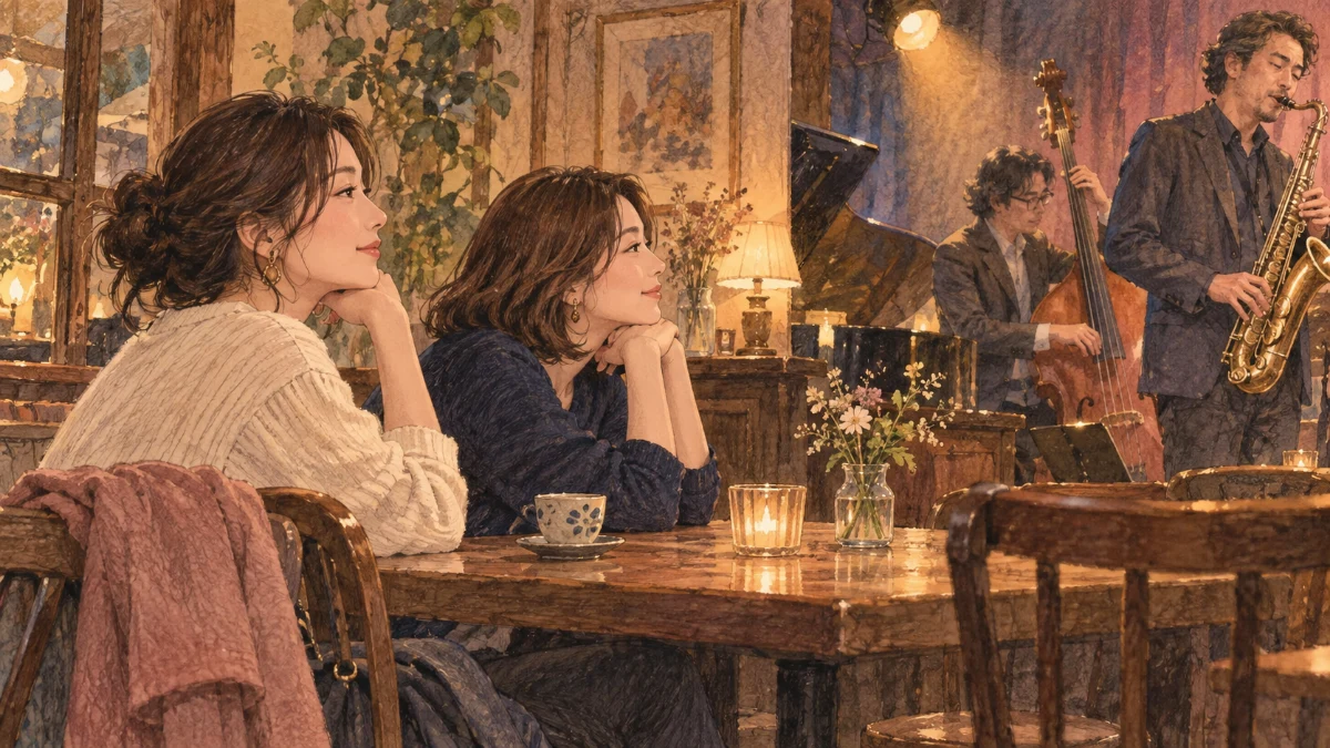 小さな音楽会場でお茶を飲みながら演奏を聴く二人の友人