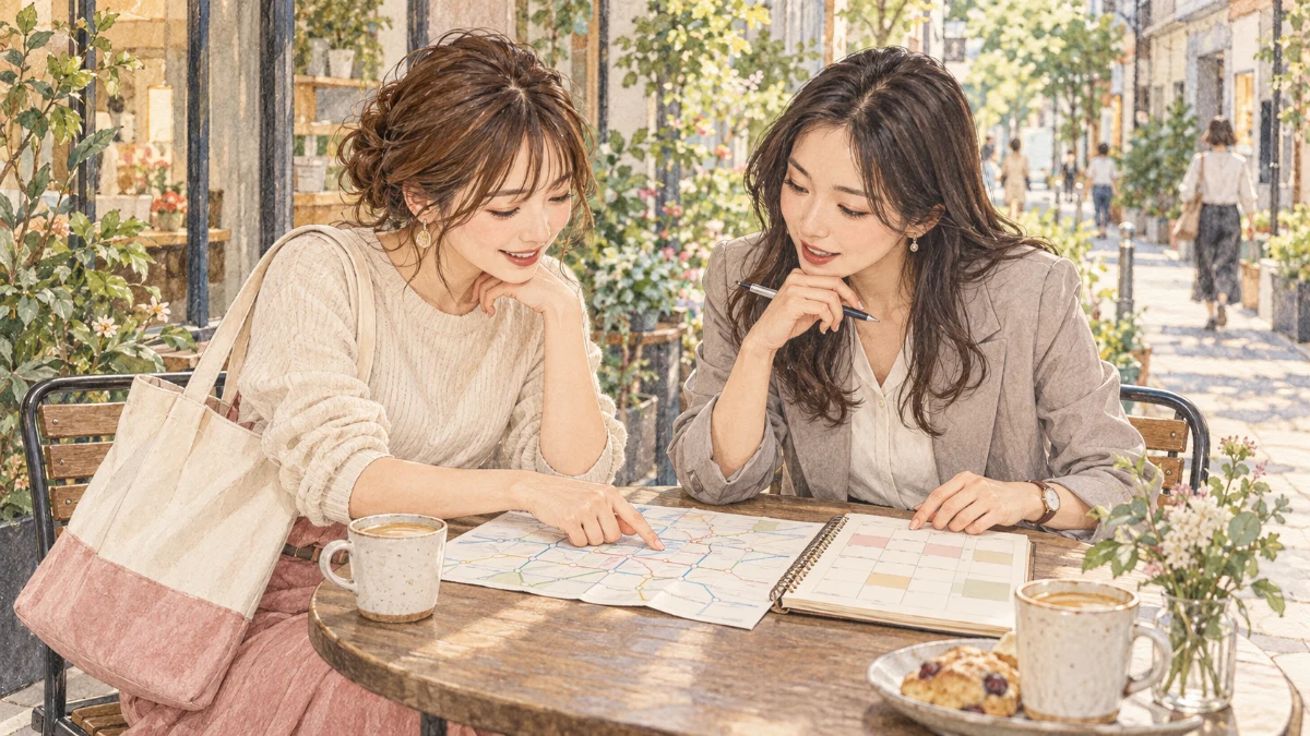 街のカフェで交通経路と予定を相談する二人の友人