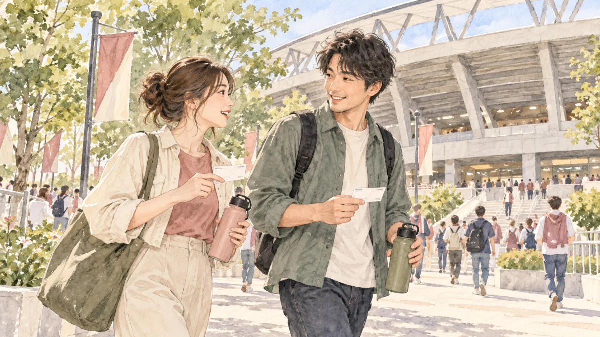チケットと水筒を持って観戦会場へ向かう二人の友人