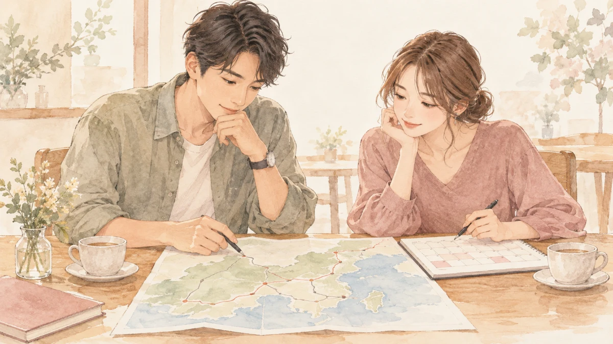 カフェで地図と予定表を見ながら移動の負担を相談する二人の友人