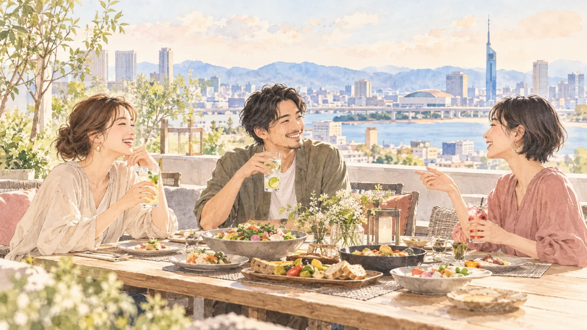 明るいテラスで食事と飲み物を囲み、ゆっくり話す三人の友人
