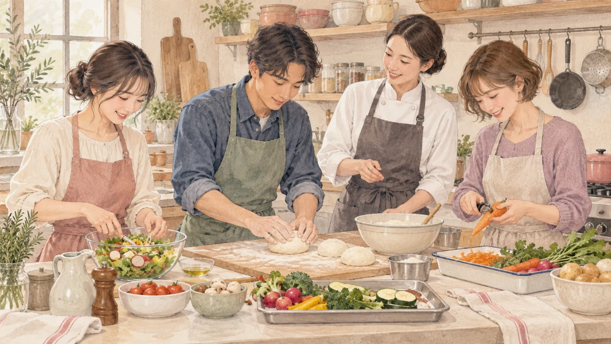 料理教室で材料と手順を確認しながら、分担して調理する三人の大人