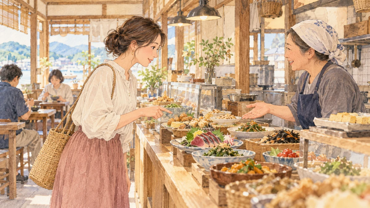 明るい市場のカウンターで、昼食の料理を店員に尋ねる女性