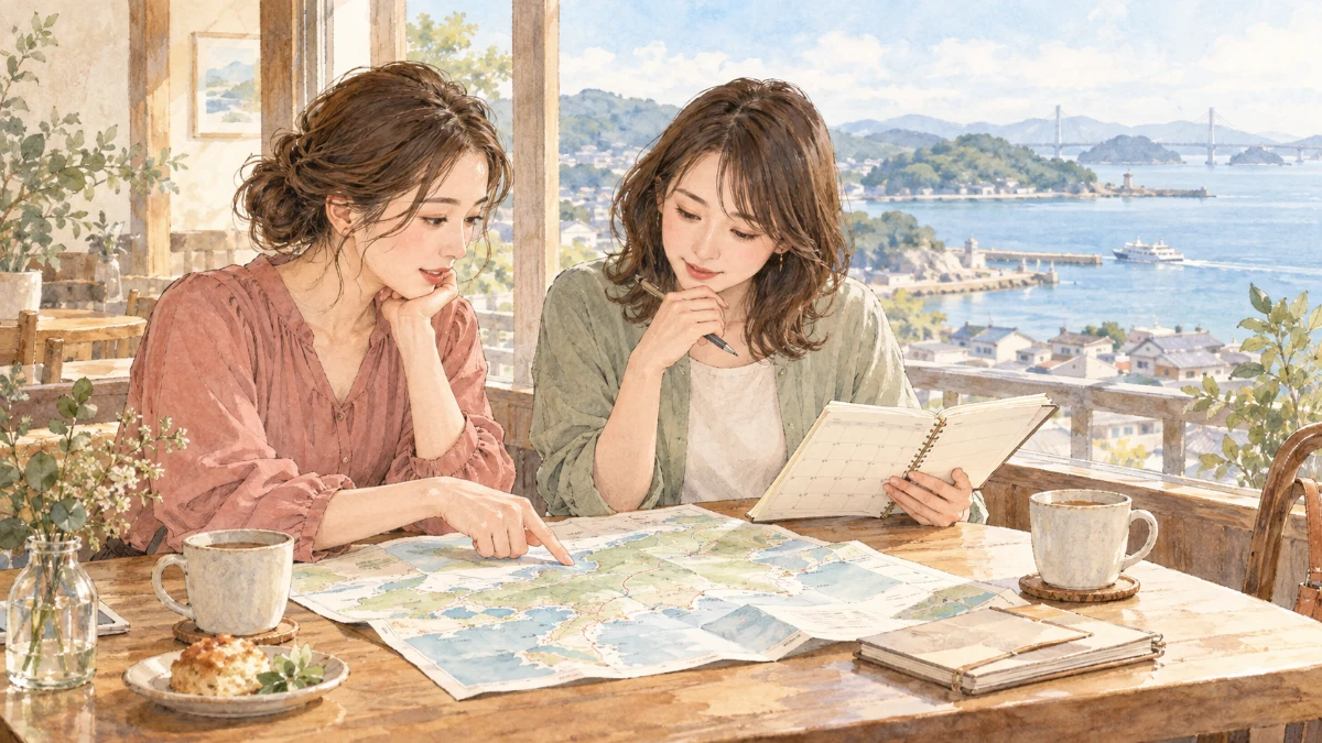 海辺のカフェで地図と予定表を見て移動範囲を相談する二人の友人
