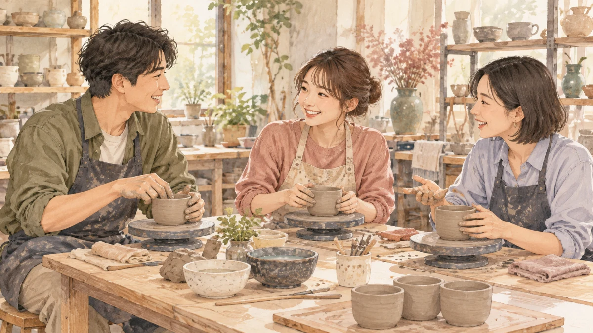 休日の陶芸教室で器を作りながら短く会話する三人の大人