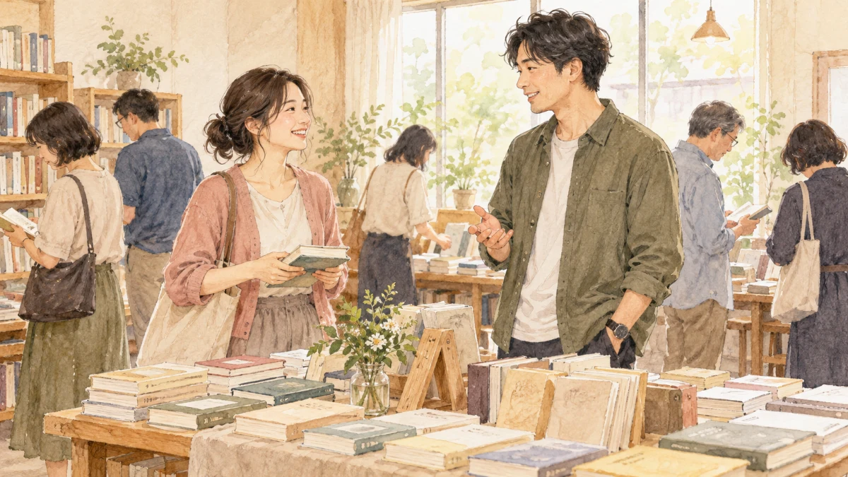 地域の読書の集まりで本を前に適度な距離を保って会話する二人