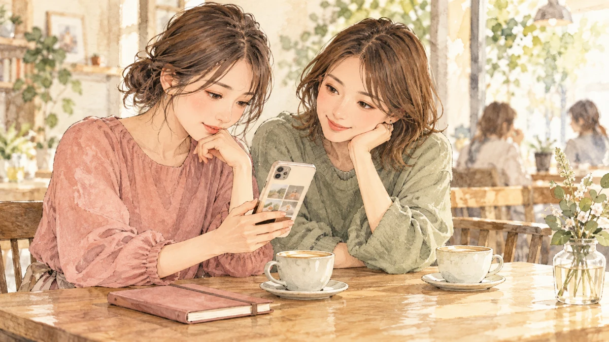 カフェでスマートフォンの画面を確認しながら相談する二人の友人