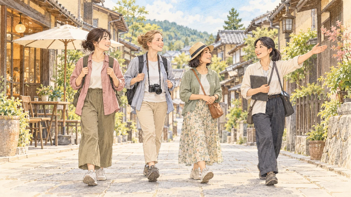 昼の街歩きツアーでガイドの説明を聞きながら観光する一人旅の参加者たち