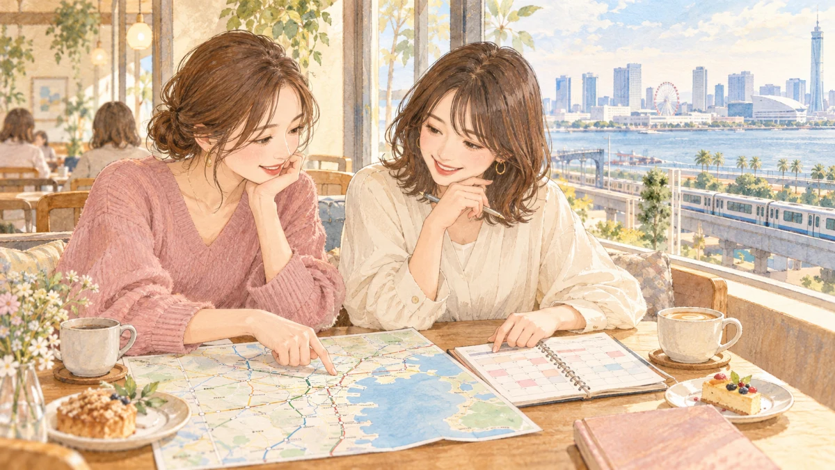 駅近くのカフェで路線図と予定表を見て会える範囲を相談する二人の友人