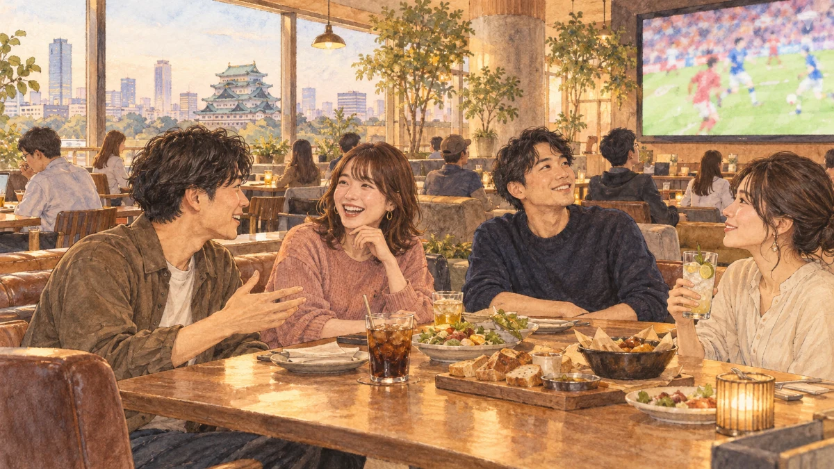 スポーツ観戦のできるカフェで周囲と距離を保ちながら会話を楽しむ友人たち