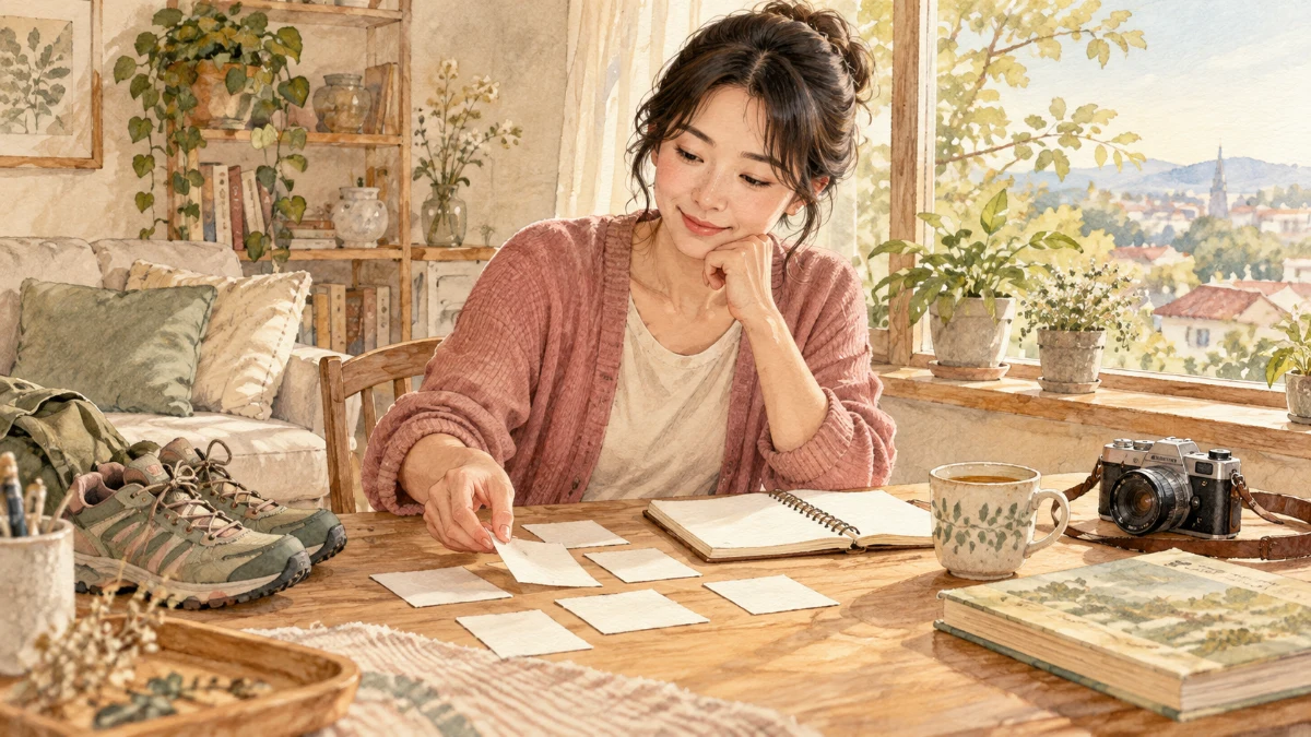 自宅で趣味の道具とノートを見ながら無理なく参加できる活動を考える女性
